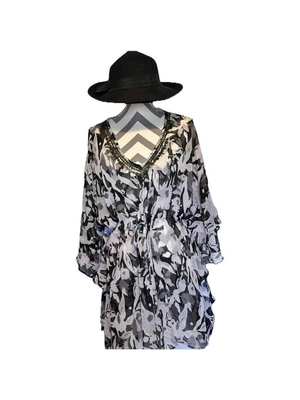 Papaya Beach Cover Kaftan Dress Size L XL Black White Sheer Sequin Boho V Neck